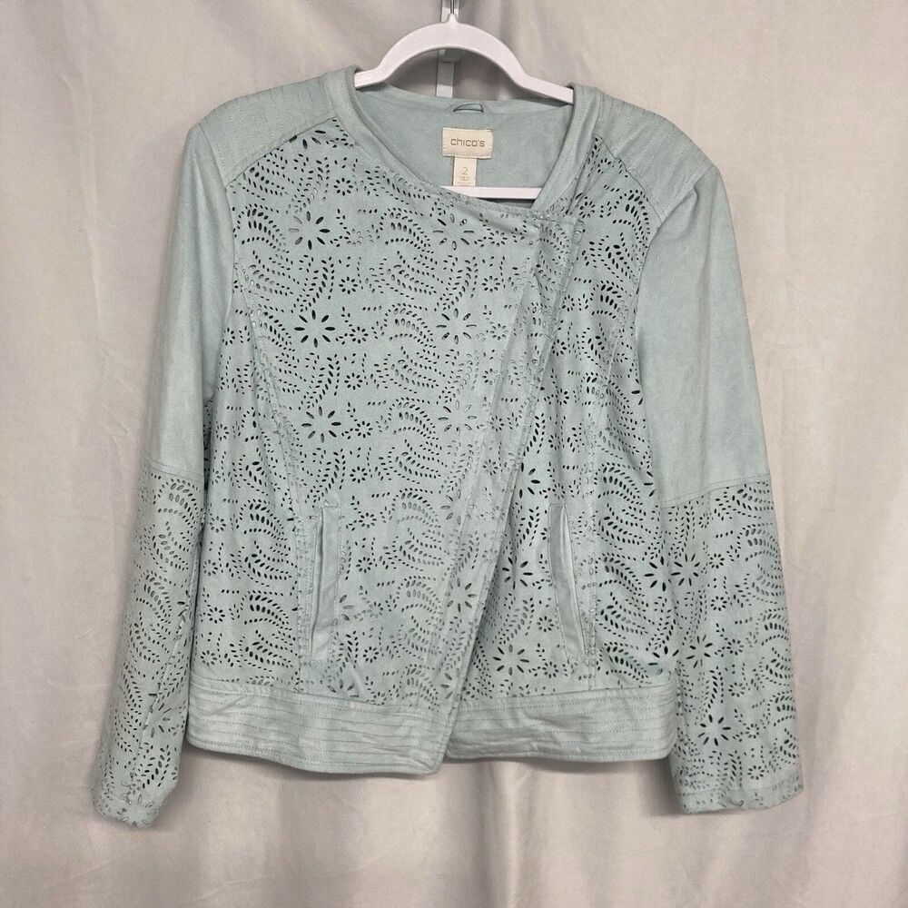 CHICO'S blue cutout diagonal zip micro suede jacket 2/M